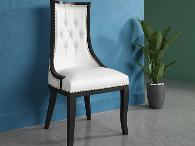 Accent Chair With White Diamond Tufted Backrest Dark Frame Green Plant And Blue Wall 3d model