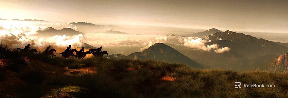 Game Movie Characters Riding Horses On Mountain Peak Above Sea Of Clouds At Sunset 3d model 