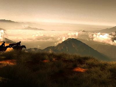 Game Movie Characters Riding Horses On Mountain Peak Above Sea Of Clouds At Sunset 3d model