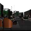 Aerial View of Modern Interior Space with Display Areas Greenery Digital Screens and Seating Sections
