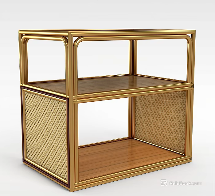 Elegant Golden Frame Display Shelf With Two Tiers Wooden Shelves And Woven Pattern Sides 3d model 