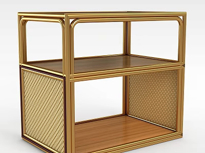 Elegant Golden Frame Display Shelf With Two Tiers Wooden Shelves And Woven Pattern Sides 3d model