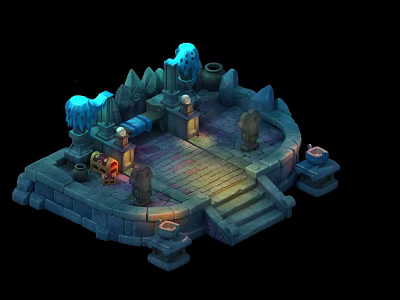Ancient Mystic Ruin Scene with Stone Platform Glowing Blue Elements Torches and Steps 3d model
