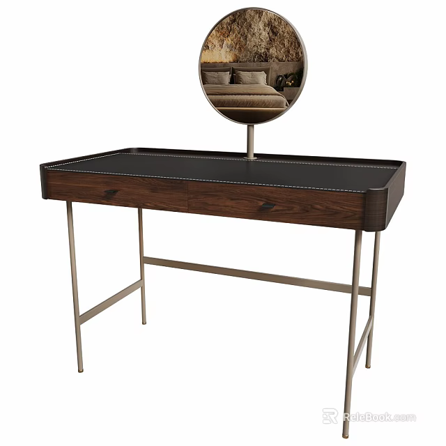 Modern Wooden Dressing Table With Black Top And Round Mirror On Metal Legs 3d model 