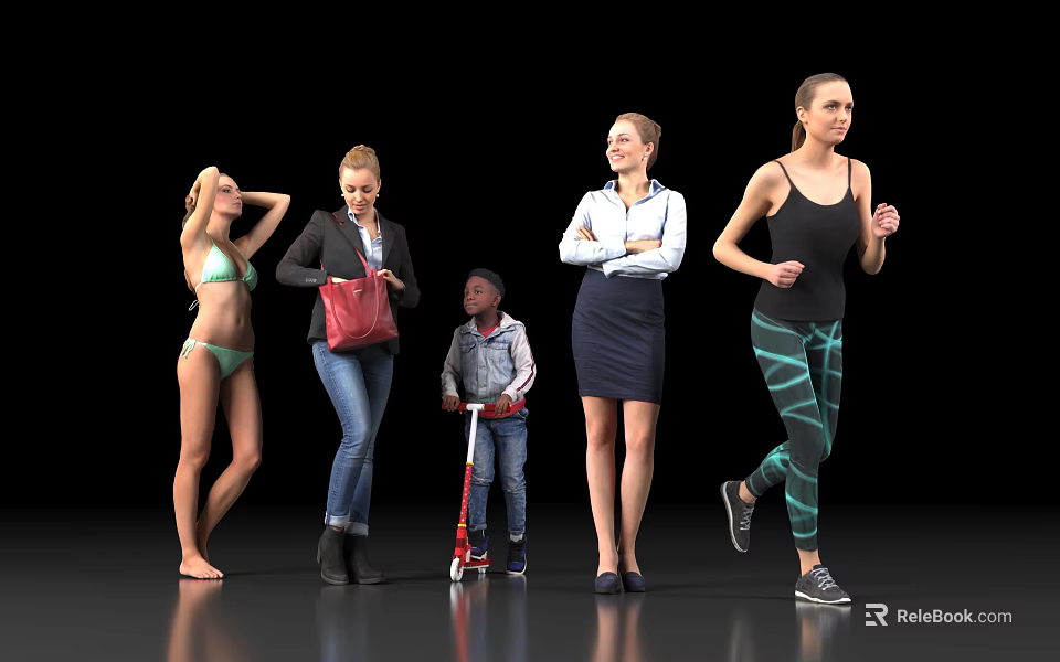 Group of People Showcasing Different Outfits Activities Bikini Red Bag Child Scooter Business Attire Sportswear 3d model 