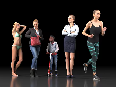Group of People Showcasing Different Outfits Activities Bikini Red Bag Child Scooter Business Attire Sportswear 3d model