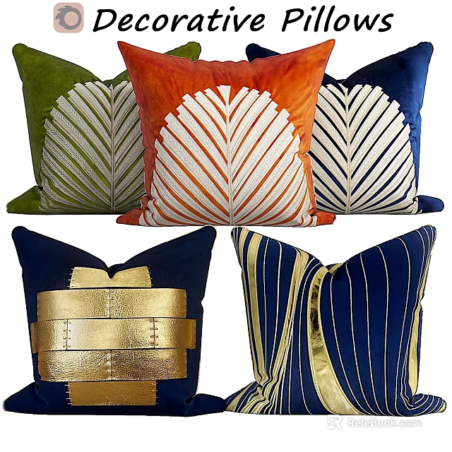 Modern Decorative Throw Pillows With Leaf Patterns And Gold Accents In Green Orange Navy 3d model 