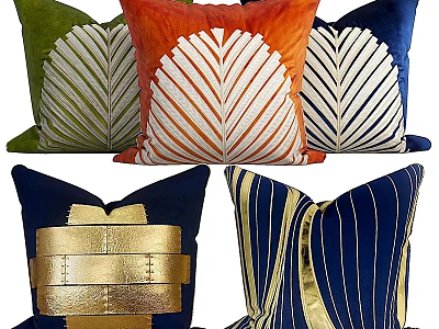 Modern Decorative Throw Pillows With Leaf Patterns And Gold Accents In Green Orange Navy 3d model