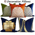 Modern Decorative Throw Pillows With Leaf Patterns And Gold Accents In Green Orange Navy