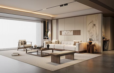 New Chinese Song Style Living Room Sofa Coffee Table Combination Leisure Chair Sofa Stool Sofa Background Wall 3d model