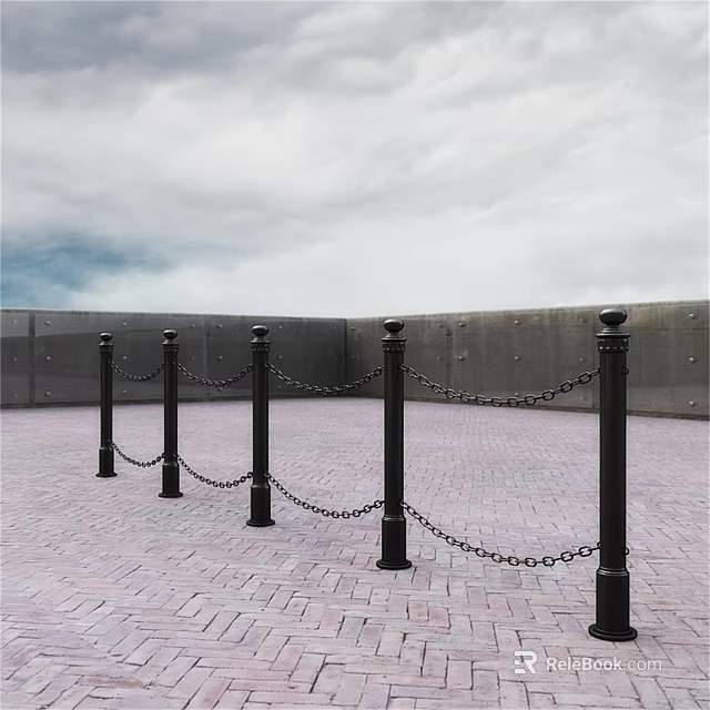 Public Facility With Black Posts Chain Links And Brick Paved Square Under Cloudy Sky 3d model