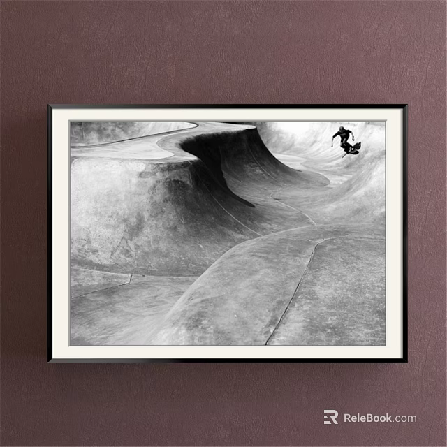 Landscape Painting of Black and White Skatepark With Skateboarder Riding Ramps Framed on Wall 3d model 