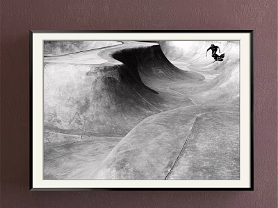 Landscape Painting of Black and White Skatepark With Skateboarder Riding Ramps Framed on Wall 3d model