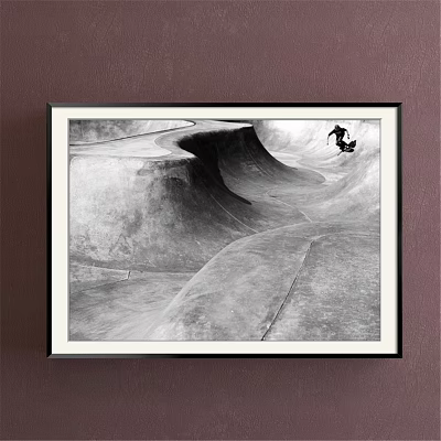 Landscape Painting of Black and White Skatepark With Skateboarder Riding Ramps Framed on Wall 3d model
