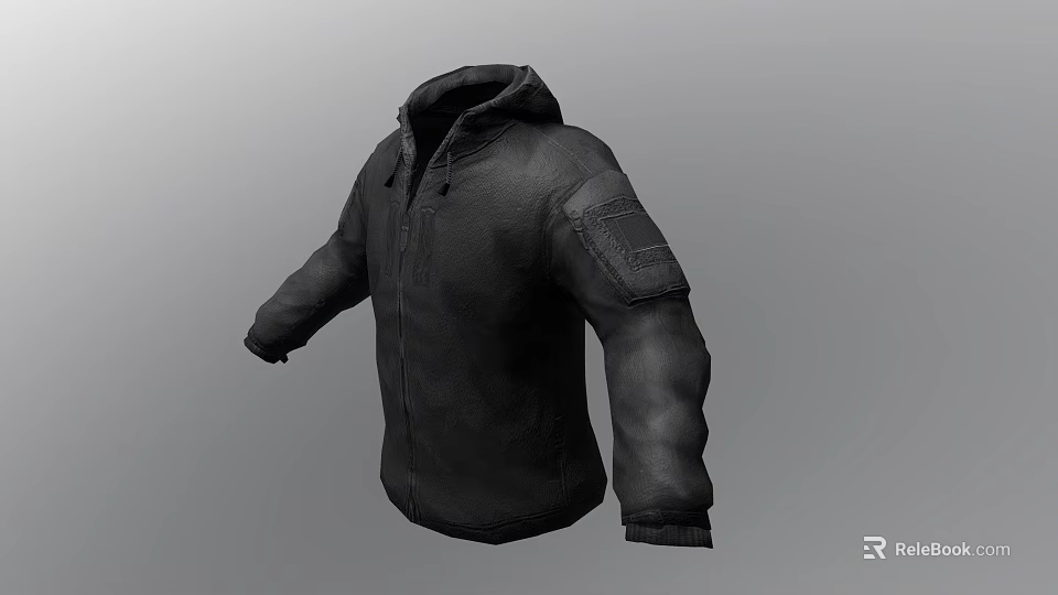 Black Hooded Jacket with Textured Fabric and Sleeve Patch Design 3d model 