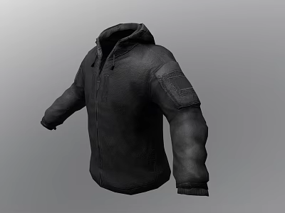 Black Hooded Jacket with Textured Fabric and Sleeve Patch Design 3d model