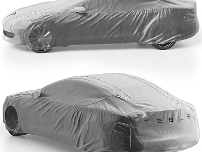 Tesla Car Covered With Protective Full Body Gray Cover Showing Front And Rear Views 3d model