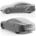 Tesla Car Covered With Protective Full Body Gray Cover Showing Front And Rear Views