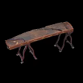 Tech Exhibition Hall Display of Brown Carved Guqin on Ornate Wooden Stand with Black Background
