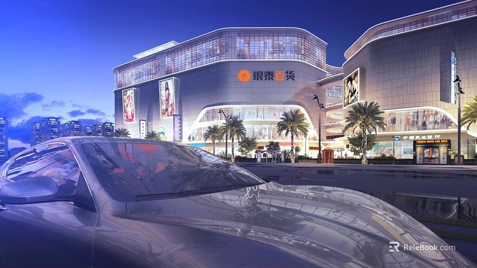 Illuminated Modern Commercial Complex With Glass Facade Palm Trees And Car In Foreground 3d model 