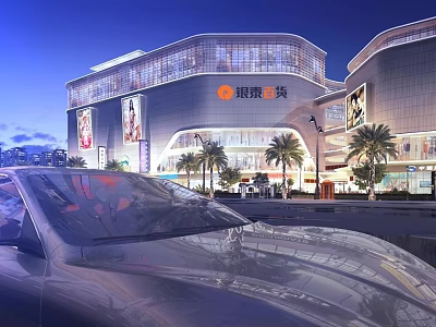 Illuminated Modern Commercial Complex With Glass Facade Palm Trees And Car In Foreground 3d model