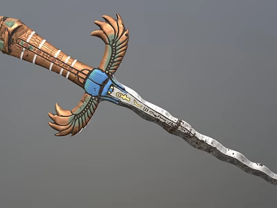 Ancient Decorative Sword With Eagle Wing Hilt And Carved Blue Brown Blade 3d model