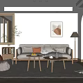 Minimalist Living Room Interior Design With Beige Sofa Coffee Tables Rug Floor Lamp And Artwork