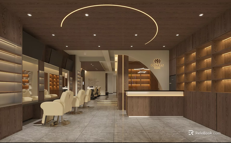 Elegant Beauty Hair Salon Interior Design With Stylish Chairs And Wooden Reception Desk 3d model 