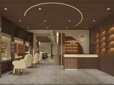 Elegant Beauty Hair Salon Interior Design With Stylish Chairs And Wooden Reception Desk 3d model