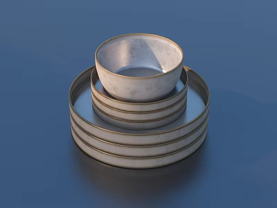 Silver Metal Tableware Set With Stacked Round Plates And Bowl 3d model