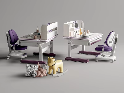 Adjustable Kids Study Desk With Ergonomic Purple Chair And Toy Decorations 3d model