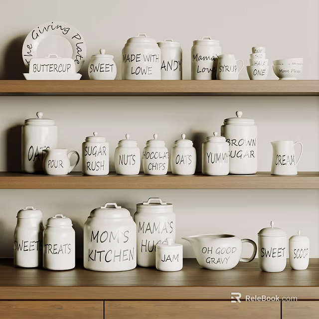 Decorative Ceramic Kitchen Tableware Set with Handwritten Labels and Storage Jars 3d model