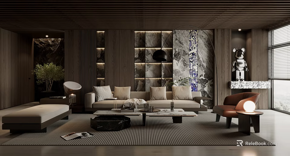 Modern Living Room Interior Design With Wooden Ceiling Marble Wall Panel Sofa And Coffee Table 3d model 