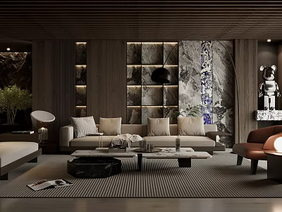 Modern Living Room Interior Design With Wooden Ceiling Marble Wall Panel Sofa And Coffee Table 3d model