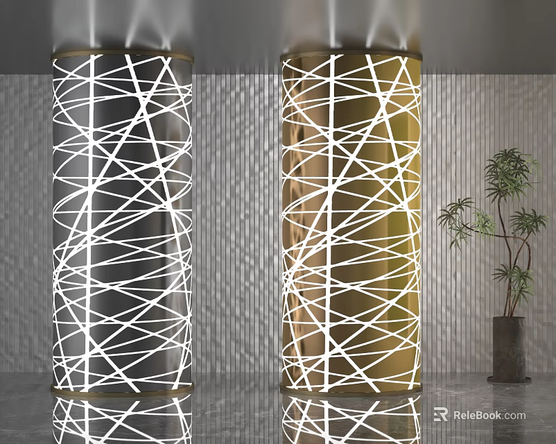 Modern Decorative Columns With White Geometric Lines In Black And Gold 3d model 