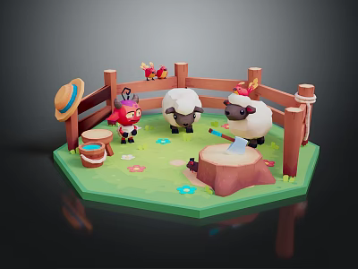 Cute Game Character Playing With Two Sheep In Wooden Fenced Grassland And Tree Stump 3d model