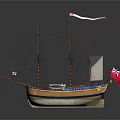 Detailed Model Sailboat Featuring Multiple Masts White Sails Red Flag And Wooden Hull