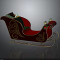 Festive Red Christmas Sleigh Decorated With Gold Patterns Green Cushion And Gifts
