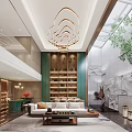 Modern Living and Dining Room Interior With Golden Wave Chandelier White Sofa And Bookshelves