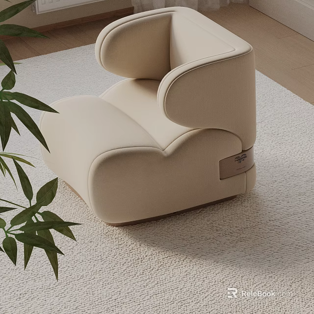 Cream Colored Modern Lounge Chair With Plush Material And Green Plant On Carpet 3d model 