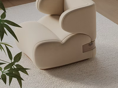 Cream Colored Modern Lounge Chair With Plush Material And Green Plant On Carpet 3d model