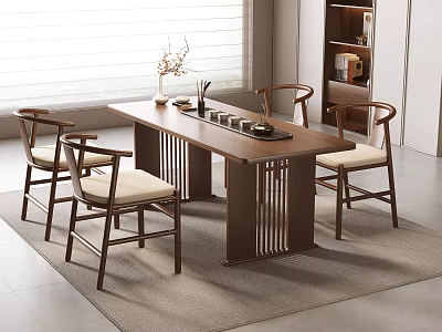 Modern Wooden Tea Table and Chairs with Beige Cushions and Tea Set in Bright Room 3d model