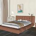 Brown Leather Double Bed with Tufted Headboard in Modern Bedroom with Nightstand and Art