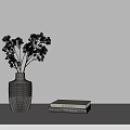 Bonsai Plant Pot Display with Light Gray Vase Dried Flowers and Cereal Book