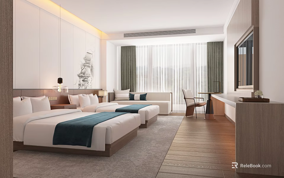 Hotel Guest Room Featuring Twin Beds White Linens Blue Runners Sofa Green Curtains Wooden Flooring 3d model 