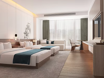 Hotel Guest Room Featuring Twin Beds White Linens Blue Runners Sofa Green Curtains Wooden Flooring 3d model