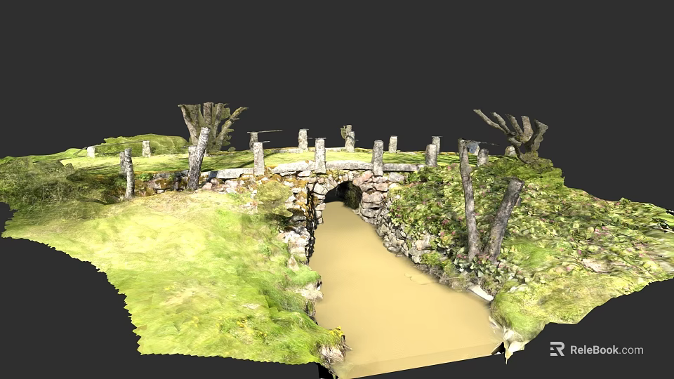 Tranquil Garden Landscape with Stone Bridge Over Gentle Stream Lush Green Grass and Trees 3d model 