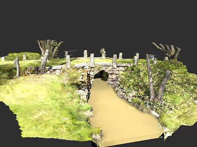 Tranquil Garden Landscape with Stone Bridge Over Gentle Stream Lush Green Grass and Trees 3d model
