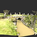 Tranquil Garden Landscape with Stone Bridge Over Gentle Stream Lush Green Grass and Trees