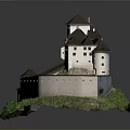 Exquisite Castle Style Residential Building 3D Model on Hill with Green Vegetation and Wall